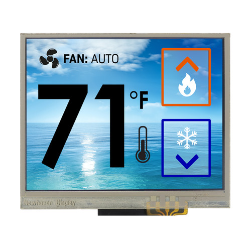 Front view of a bright 320x240 pixel IPS TFT LCD showing a thermostat control screen featuring touch-controlled buttons for setting the temperature.