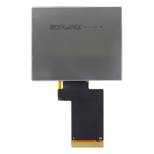 Flat silver backside of a TFT LCD with the model number (NHD-3.5-320240JF-ASXP) printed in black text and an attached 54-pin FFC.