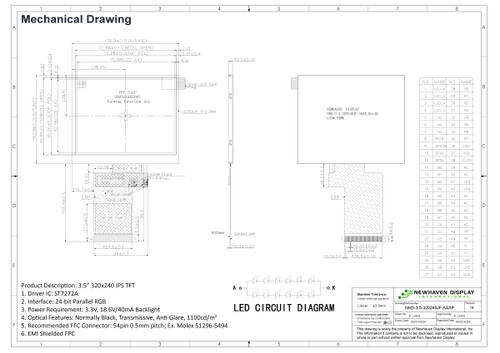 Especificação de desenho para NHD-3.5-320240JF-ASXP