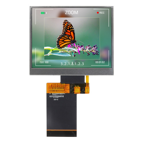 Front view of a bright 320x240 pixel IPS TFT LCD with an attached 54-pin FFC showing a camera preview image of a butterfly and information about settings around the edge of the screen.