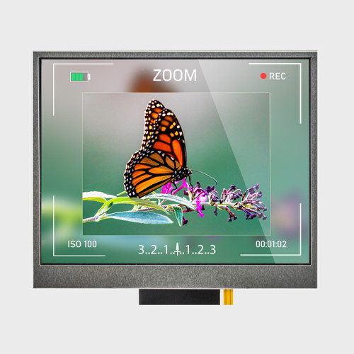 Front view of a bright 320x240 pixel IPS TFT LCD showing a camera preview image of a butterfly and information about settings around the edge of the screen.