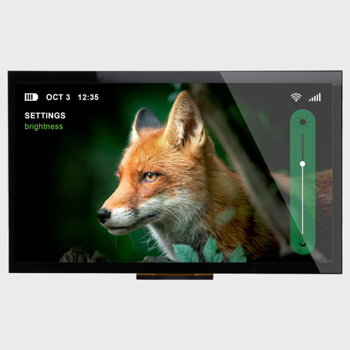 Front view of a 1024x600 pixel IPS TFT LCD showing an image of a fox and a touch-controlled brightness slider.