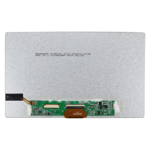 Flat silver backside of a TFT LCD with the model number (NHD-10.1-1024600BF-ASXP) printed in black text and a small green PCB with a 40-pin FFC connector.