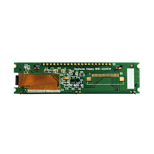 A green circuit board mounted to the back of an OLED display, showing various components.