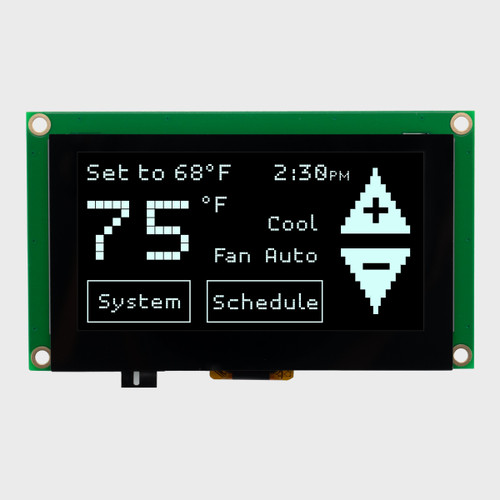 Front view of a 128x64 pixel monochrome white graphic OLED display on a green PCB showing a simple touch-operated thermostat control.