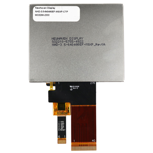 Flat silver backside of a TFT LCD with attached 40-pin and 6-pin touchscreen control FFCs, and the model number (NHD-3.5-640480EF-MSXP-CTP) printed in black text on a white label.