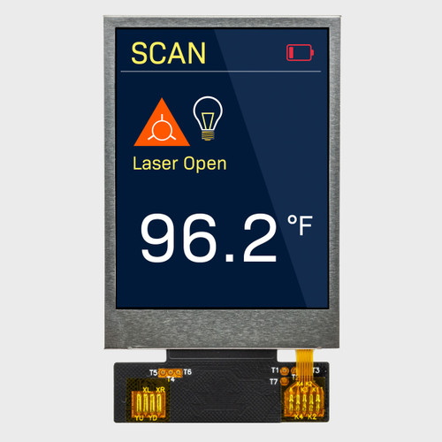 Vorderansicht eines hellen IPS-TFT-LCD-Displays mit einer Auflösung von 240 x 320 Pixeln, das eine Temperaturanzeige vor einem dunkelblauen Hintergrund zeigt.