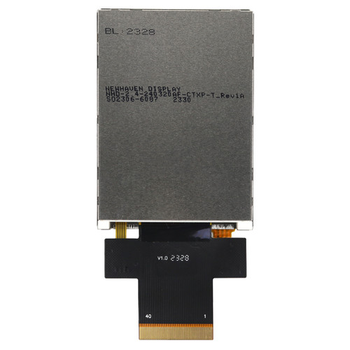 Flat silver backside of a TFT LCD with the model number (NHD-2.4-240320AF-CTXP-T) printed in black with attached 40-pin and 4-pin resistive touchscreen control FFCs.