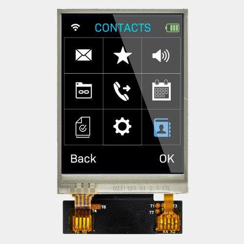 Front view of a 240x320 pixel IPS TFT LCD display showing a telephone menu featuring a grid of icons for contacts, voicemails, settings, etc.