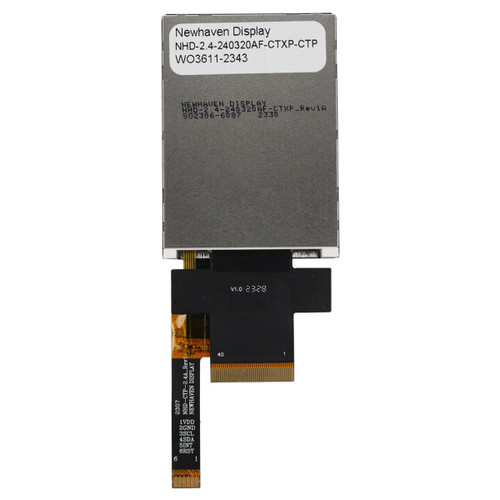 Flat silver backside of a TFT LCD with the model number (NHD-2.4-240320AF-CTXP-CTP) printed in black on a white label with attached 40-pin and 6-pin touchscreen control FFCs.