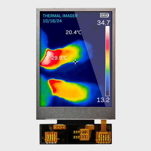 Vorderansicht eines hellen IPS-TFT-LCD-Displays mit einer Auflösung von 240 x 320 Pixeln, das ein Bild einer Wärmebildkamera anzeigt.