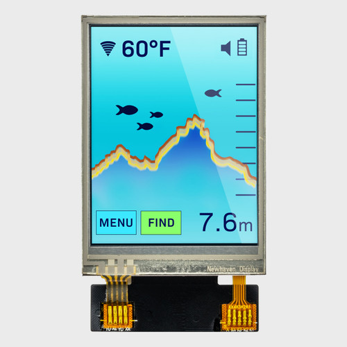 एक चमकदार 240x320 पिक्सेल आईपीएस टीएफटी एलसीडी का सामने से दृश्य, जिसमें हल्के नीले रंग की पृष्ठभूमि पर दो स्पर्श-नियंत्रित बटनों के साथ मछली पकड़ने की गहराई मापने वाले यंत्र का डिस्प्ले दिखाया गया है।