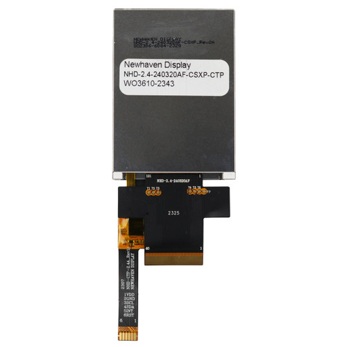 Flat silver backside of a TFT LCD with the model number (NHD-2.4-240320AF-CSXP-CTP) printed in black on a white label with attached 40-pin and 6-pin touchscreen control FFCs.