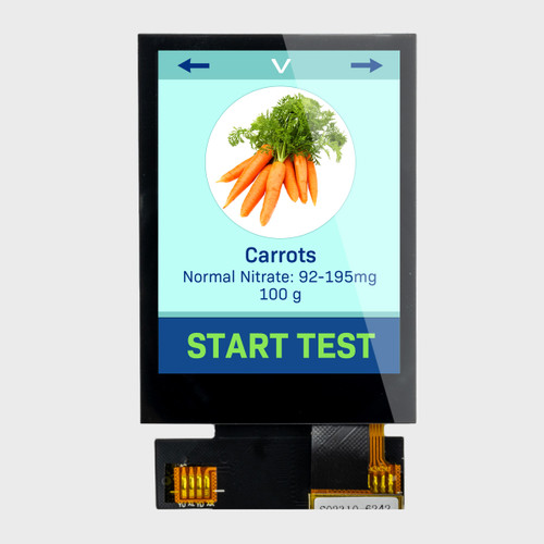 Front view of a bright 240x320 pixel IPS TFT LCD showing a testing interface with a dark blue touch-controlled start button.