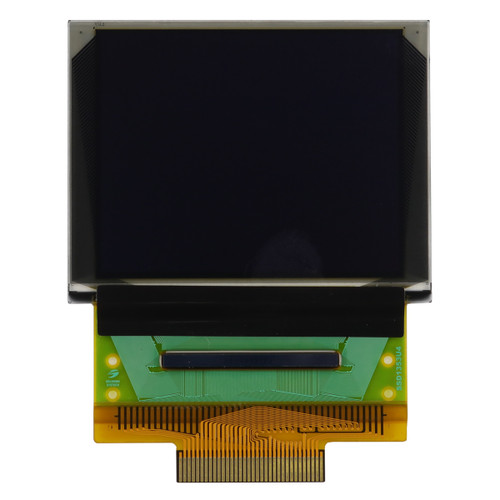 Front view of a 160x128 pixel graphic OLED display with an attached 34-pin FFC cable and an inactive black screen.