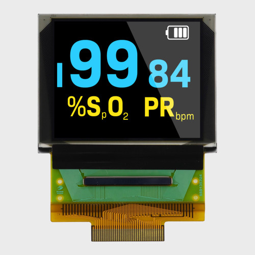 Front view of a 160x128 pixel graphic OLED display with an attached 34-pin FFC cable showing a full-color informational readout on a black background.