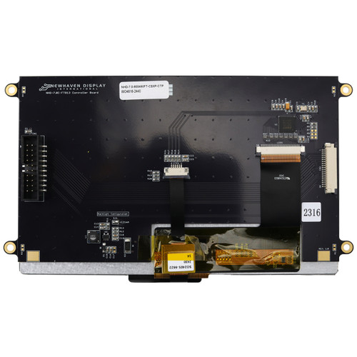 A black EVE controller circuit board with a 20-pin FFC and a box header connector mounted to the backside of a 7.0-inch TFT LCD.