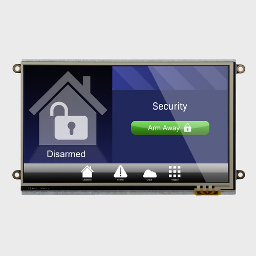 Front view of a bright 800x480 pixel IPS TFT LCD module with resistive touchscreen showing a smart security system interface on the screen.