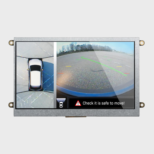 Front view of a bright 800x480 IPS TFT LCD module with mounting holes showing the feed from a car's backup and surround view cameras.