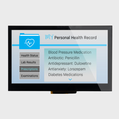 Front view of a bright 800x480 pixel IPS TFT LCD with capacitive touchscreen showing a menu for a medical device.