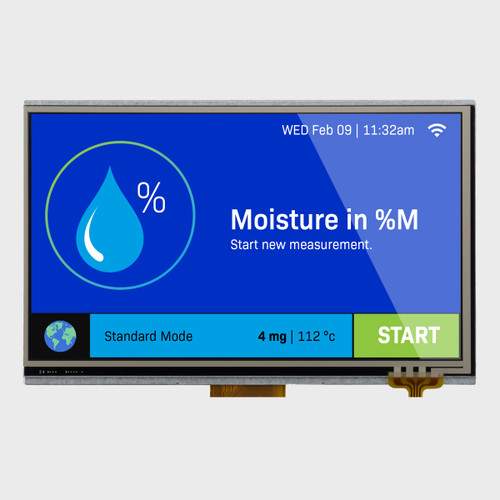 Front view of a bright 800x480 IPS TFT LCD with resistive touchscreen showing a moisture measuring device on the screen.