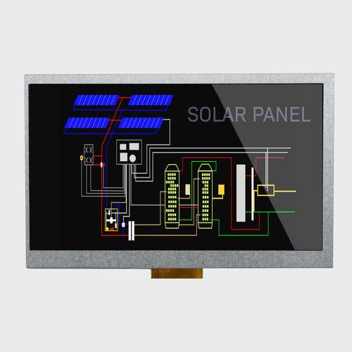 Front view of a bright 800x480 IPS TFT LCD showing a solar power control system.