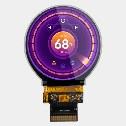 Front view of a round 480x480 pixel IPS TFT LCD with an attached 40-pin FFC, showing the controls for a smart thermostat.