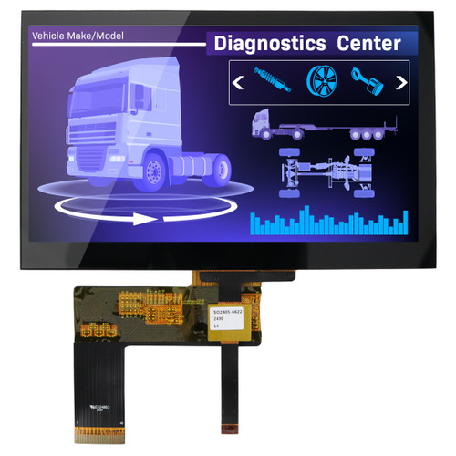 Front view of a bright 800x480 pixel IPS TFT LCD with attached 40-pin and 6-pin touchscreen control FFCs showing touch controls for a semi truck diagnostic system.