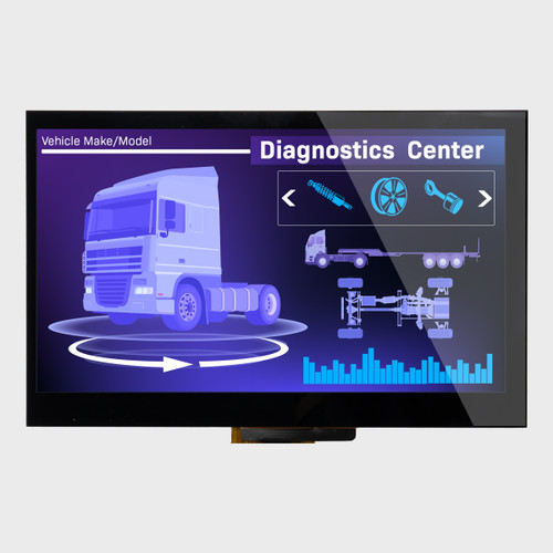 Front view of a bright 800x480 pixel IPS TFT LCD with capacitive touchscreen showing automotive diagnostic system on the screen.