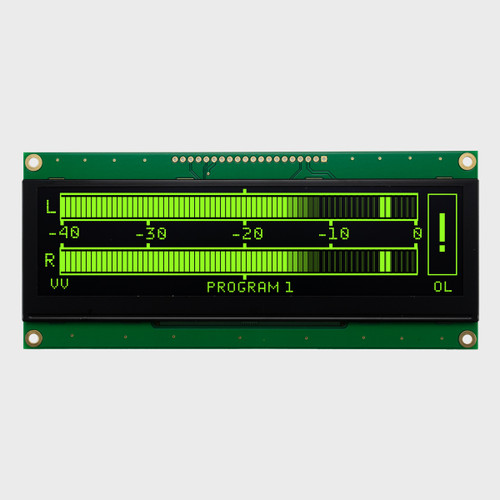 Front view of a 256x64 pixel monochrome green graphic OLED display on a green PCB showing a horizontal bar graph readout.