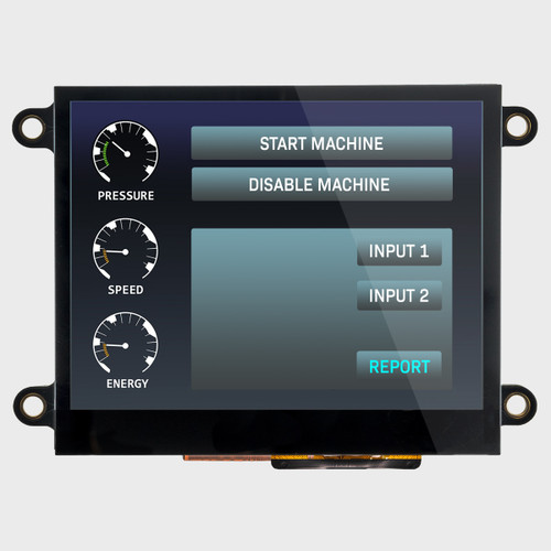 Front view of a bright 640x480 pixel IPS TFT LCD showing an industrial control screen with touchscreen buttons.