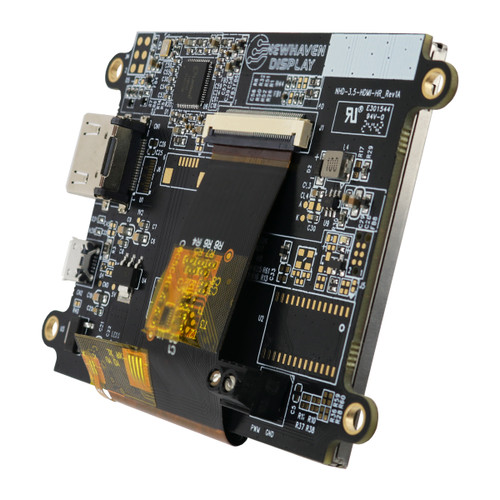 Angled view of a black HDMI controller circuit board featuring various components mounted to the backside of a 3.5-inch TFT LCD with the left side angled toward the camera.