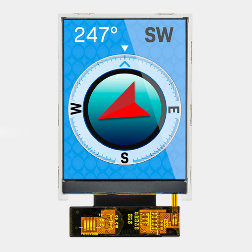 Front view of a bright 240x320 pixel IPS TFT LCD showing a compass graphic on a blue background.