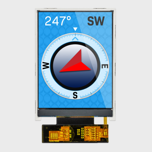 Vorderansicht eines hellen IPS-TFT-LCD-Displays mit einer Auflösung von 240 x 320 Pixeln, das eine Kompassgrafik auf blauem Hintergrund anzeigt.