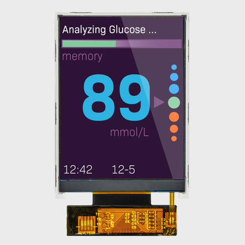 Widok z przodu wyświetlacza TFT LCD o rozdzielczości 240 x 320 pikseli, pokazujący odczyt poziomu glukozy w postaci dużych szarych cyfr na ciemnym tle.