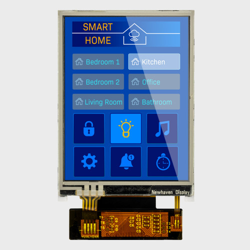 Front view of a 240x320 pixel TFT LCD showing a touchscreen smart home control screen.