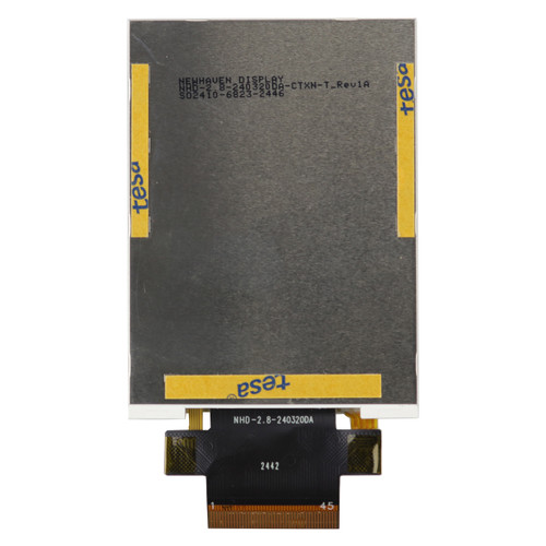 Flat silver backside of a TFT LCD with the model number (NHD-2.8-240320DA-CTXN-T) printed in black text and an attached 45-pin FFC.