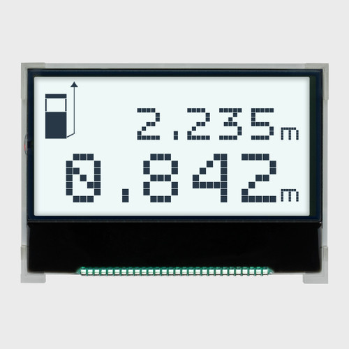 Front view of a 128x64 pixel graphic COG LCD showing dark pixels on a backlit white background.