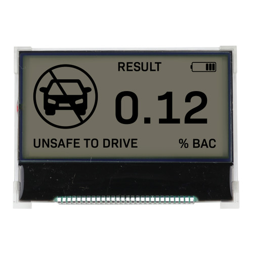 Front view of a 128x64 pixel graphic LCD without an attached PCB, showing dark text on an unlit FSTN+ gray screen.