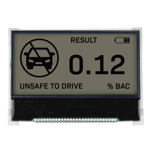 Animated front view of a 128x64 pixel graphic LCD with a backlit screen showing several cycling colors and dark text.