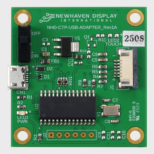 A front view of a green circuit board with various components, a 6-pin FFC connector, and a USB Micro-B port.