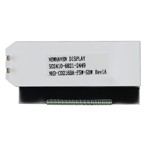 Flat gray backside of an LCD with 1x18 connection pins and the model number (NHD-C0216BA-FSW-GBW) printed in black text on a white label.