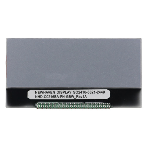 Flat gray backside of an LCD with 1x18 connection pins and a white label featuring the model number (NHD-C0216BA-FN-GBW).