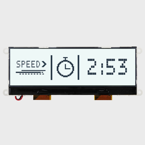 Front view of a 240x64 pixel graphic COG LCD with mounting holes showing a timer and simple icons in dark text on a backlit white background.