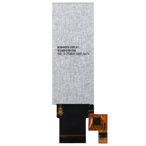 Flat silver backside of a bar-type TFT LCD with the model number (NHD-2.9-376960AF-ASXP-CTP) printed in black text and attached 40-pin and 6-pin touchscreen control FFCs.