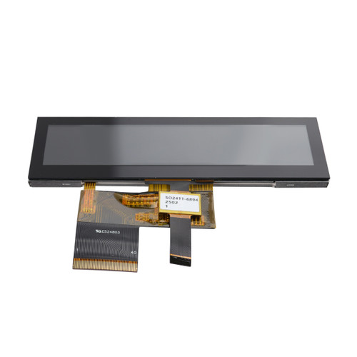 An angled view of an inactive 3.9-inch bar-type TFT LCD with he bottom edge toward the camera, showcasing the attached 40-pin FFC, 6-pin FFC for touchscreen control, and slim display profile.