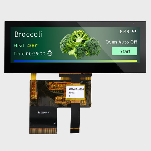 Front view of a narrow 480x128 pixel bar-type IPS TFT LCD with attached 40-pin and 6-pin touchscreen control FPC cables showing a smart oven screen with touch control buttons.
