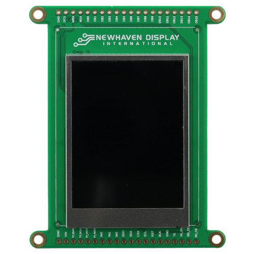 Front view of a green circuit board with an integrated 2.4-inch IPS TFT display that is turned off and black.