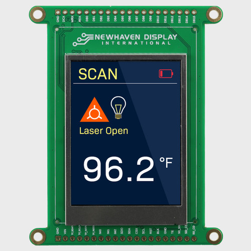 Front view of a green circuit board with an integrated 2.4-inch IPS TFT display showing a temperature reading against a dark blue background.