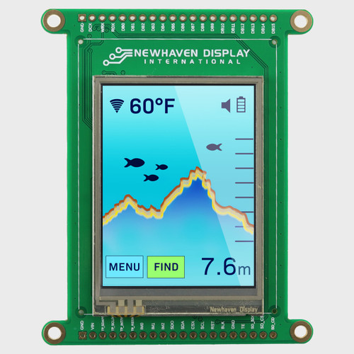 Front view of a green circuit board with an integrated 2.4-inch IPS TFT display showing a fishing depth finder gauge readout with two buttons on a light blue background.